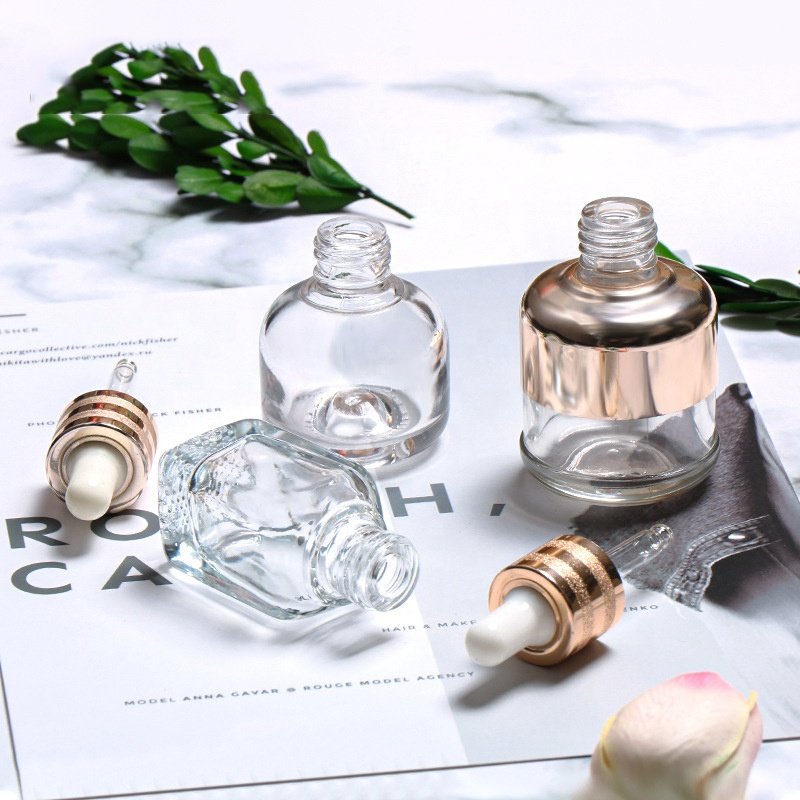 Luxury Essential Oil Glass Bottle Serum Glass Bottle Shoulder Sleeve Dropper Glass Bottle with Gold Screen Printing YIXIN CN;GUA