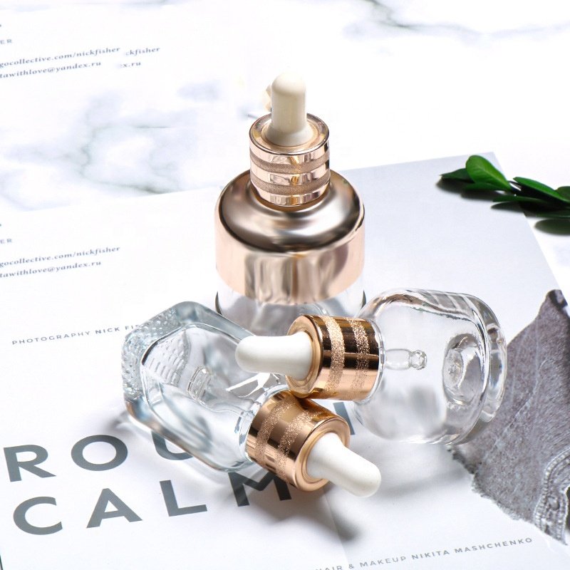 Luxury Essential Oil Glass Bottle Serum Glass Bottle Shoulder Sleeve Dropper Glass Bottle with Gold Screen Printing YIXIN CN;GUA