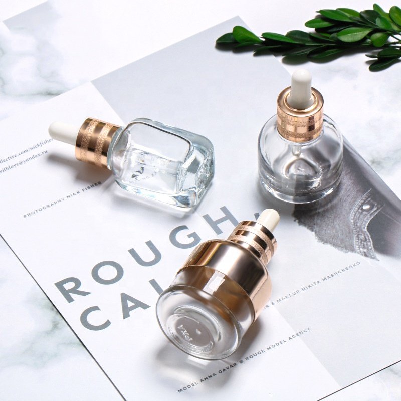 Luxury Essential Oil Glass Bottle Serum Glass Bottle Shoulder Sleeve Dropper Glass Bottle with Gold Screen Printing YIXIN CN;GUA