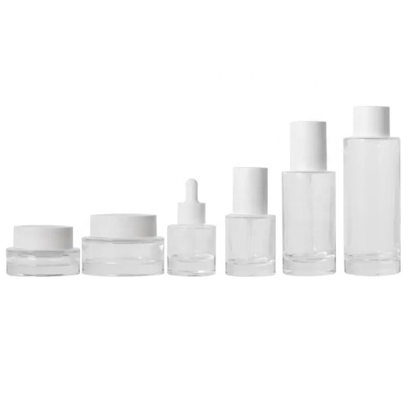 Simple Custom Emulsion Set 30g50g Cream Jar 30ml50ml100ml120ml Essence Glass Bottle Lid Thick Bottom Dropper Bottle White Clear