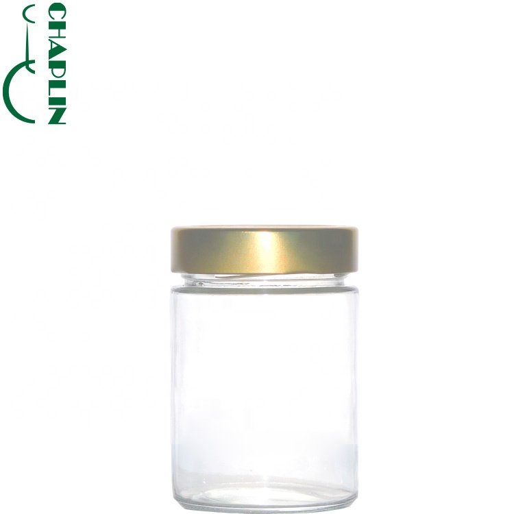 round glass bottles food glass jars with black tin metal lid for honey candy packaging