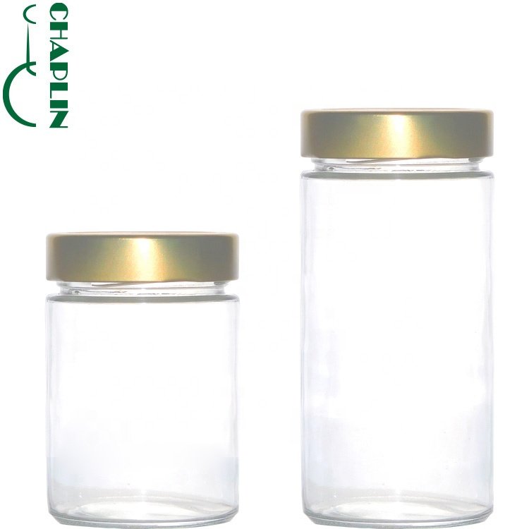 round glass bottles food glass jars with black tin metal lid for honey candy packaging