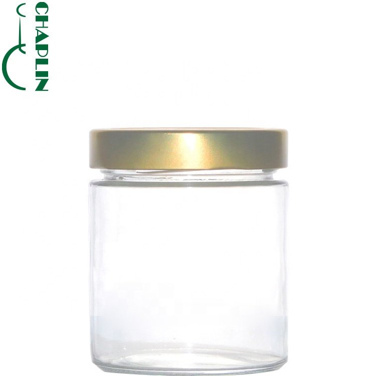 round glass bottles food glass jars with black tin metal lid for honey candy packaging