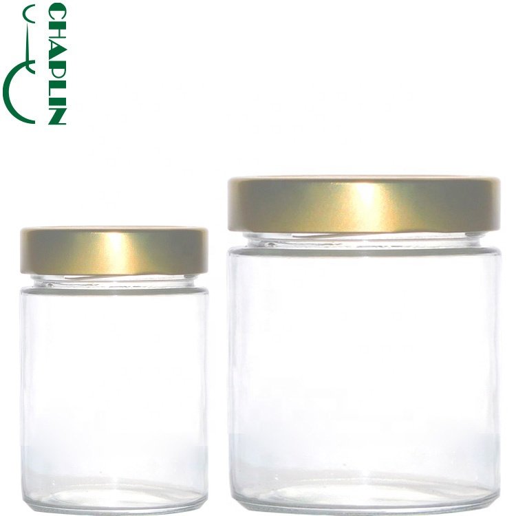 round glass bottles food glass jars with black tin metal lid for honey candy packaging