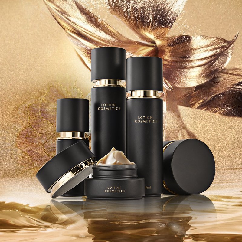 30ml 50ml Empty Luxury Cosmetic Skin Care Set Frosted Black Gold Glass Lotion Bottle With Pump