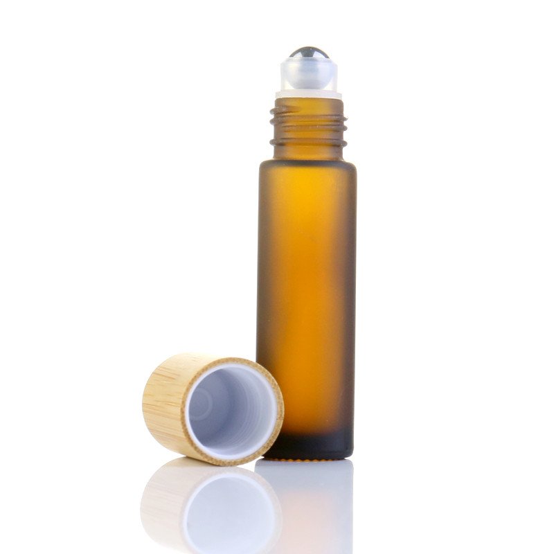 5ml 10ml 15ml frosted transparent roll on glass bottle 304 steel metal roller ball essential oil bottle with bamboo lid
