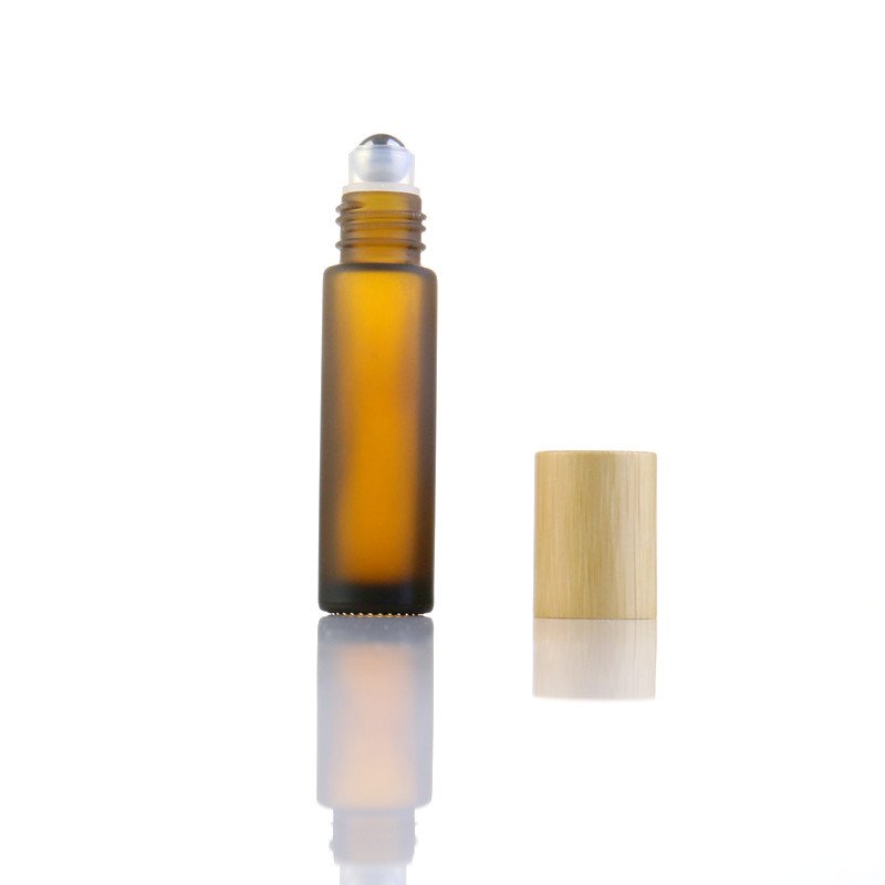 5ml 10ml 15ml frosted transparent roll on glass bottle 304 steel metal roller ball essential oil bottle with bamboo lid