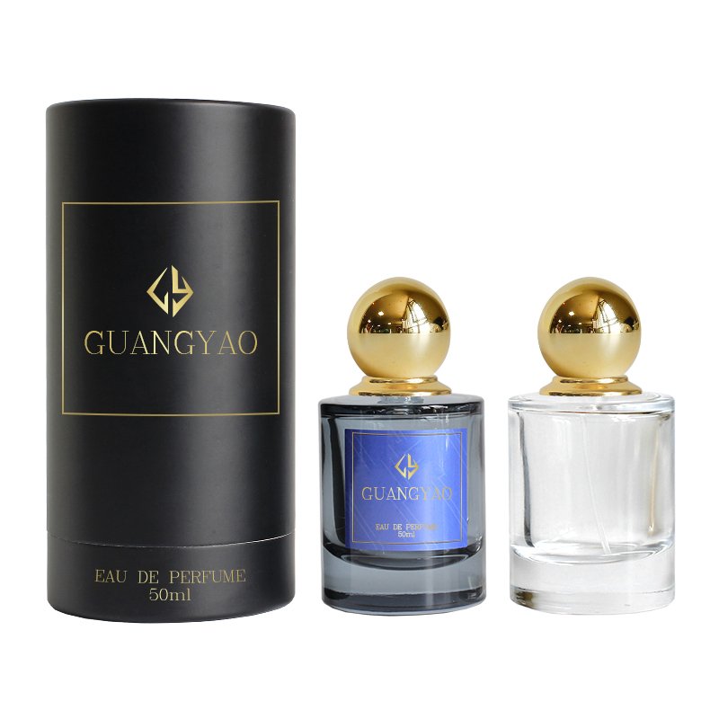 Good quality empty 50 ml clear glass perfume bottle with custom gift blue box paper bag