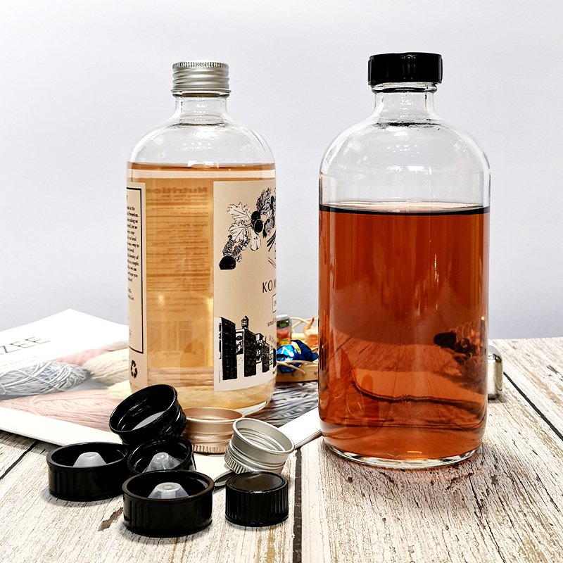 250ml 500ml 8oz 16oz Clear Amber Boston Round Beverage Juice Kombucha Glass Bottle with Black Polycone Cap