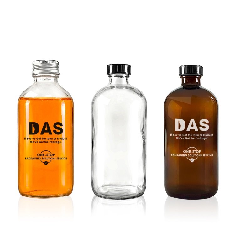 250ml 500ml 8oz 16oz Clear Amber Boston Round Beverage Juice Kombucha Glass Bottle with Black Polycone Cap