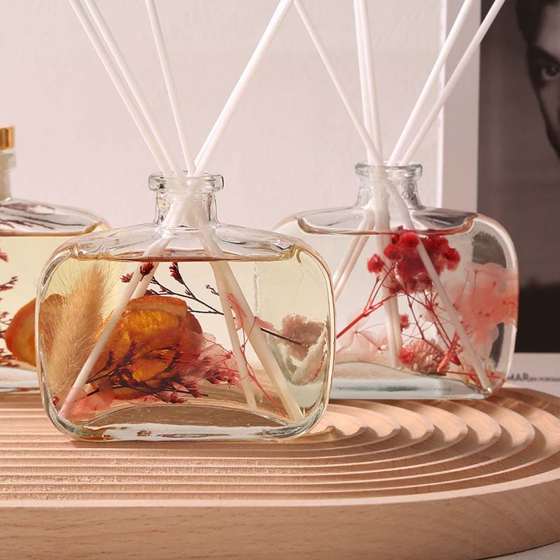 Luxury 100Ml Glass Square Bottle Flameless Dried Flower Rattan Aromatherapy Reed Diffuser Essential Oil Diffuser