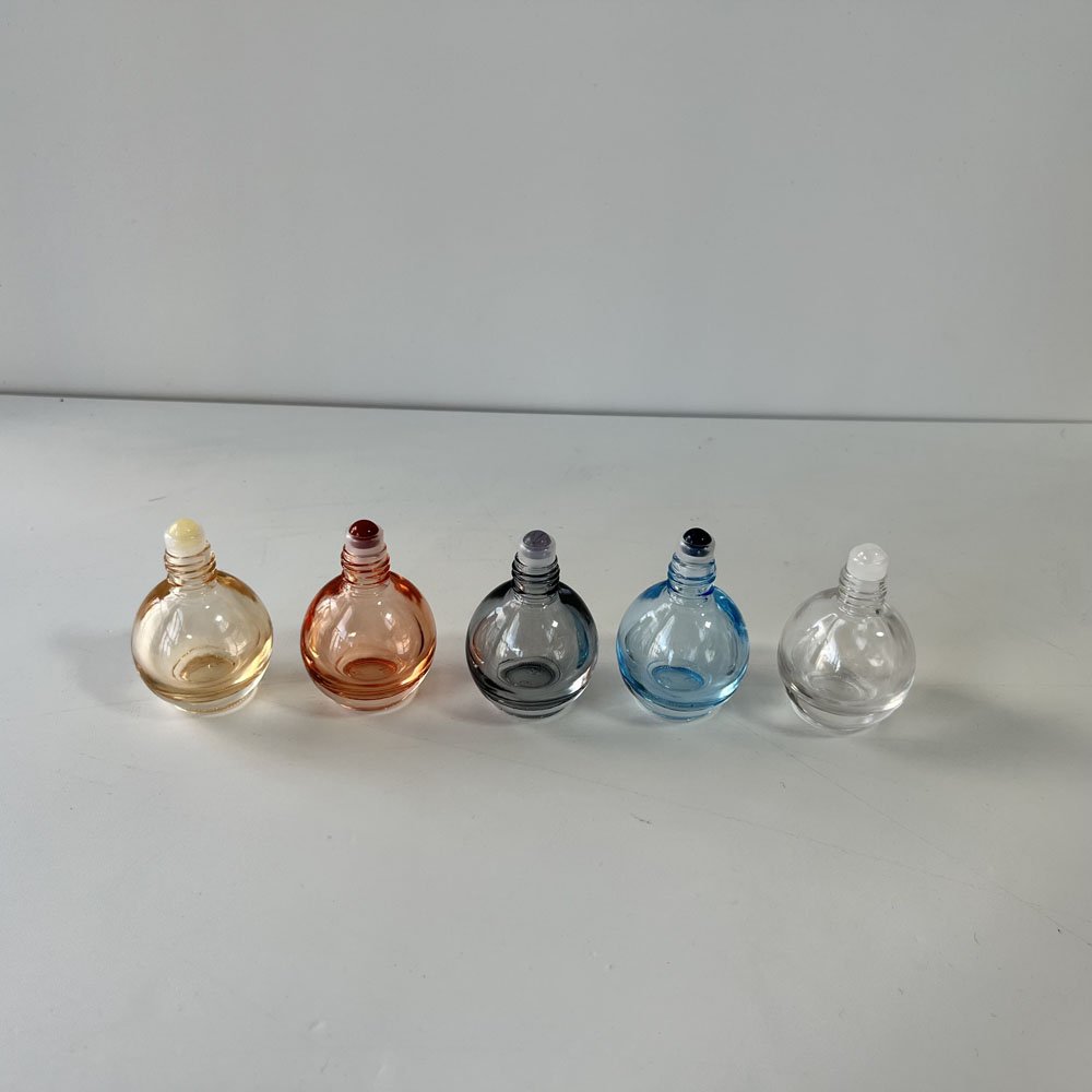 wholesale 10ml clear blue orange yellow grey round ball shape crystal gemstone roller glass bottle with shiny gold cap