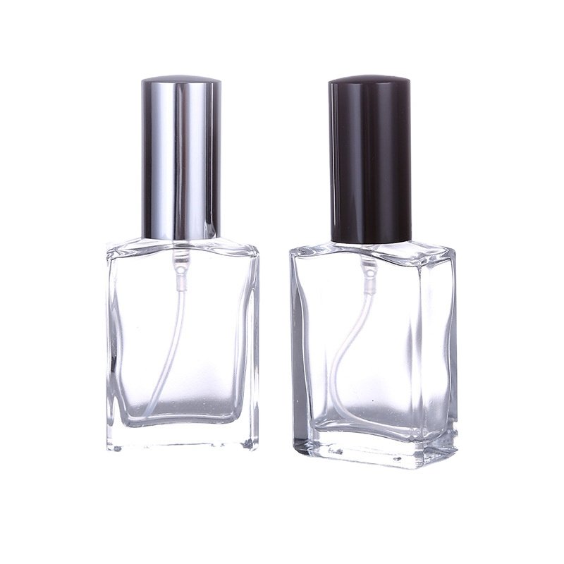New Design 30ml transparent Rectangle Glass Perfume Spray Bottle with Aluminum Mist Sprayer