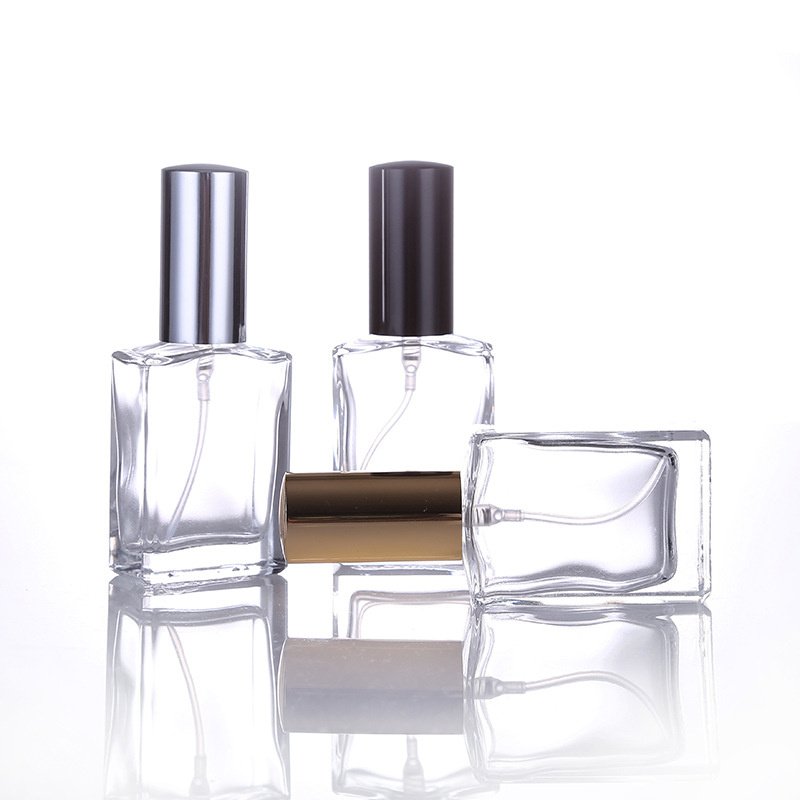 New Design 30ml transparent Rectangle Glass Perfume Spray Bottle with Aluminum Mist Sprayer