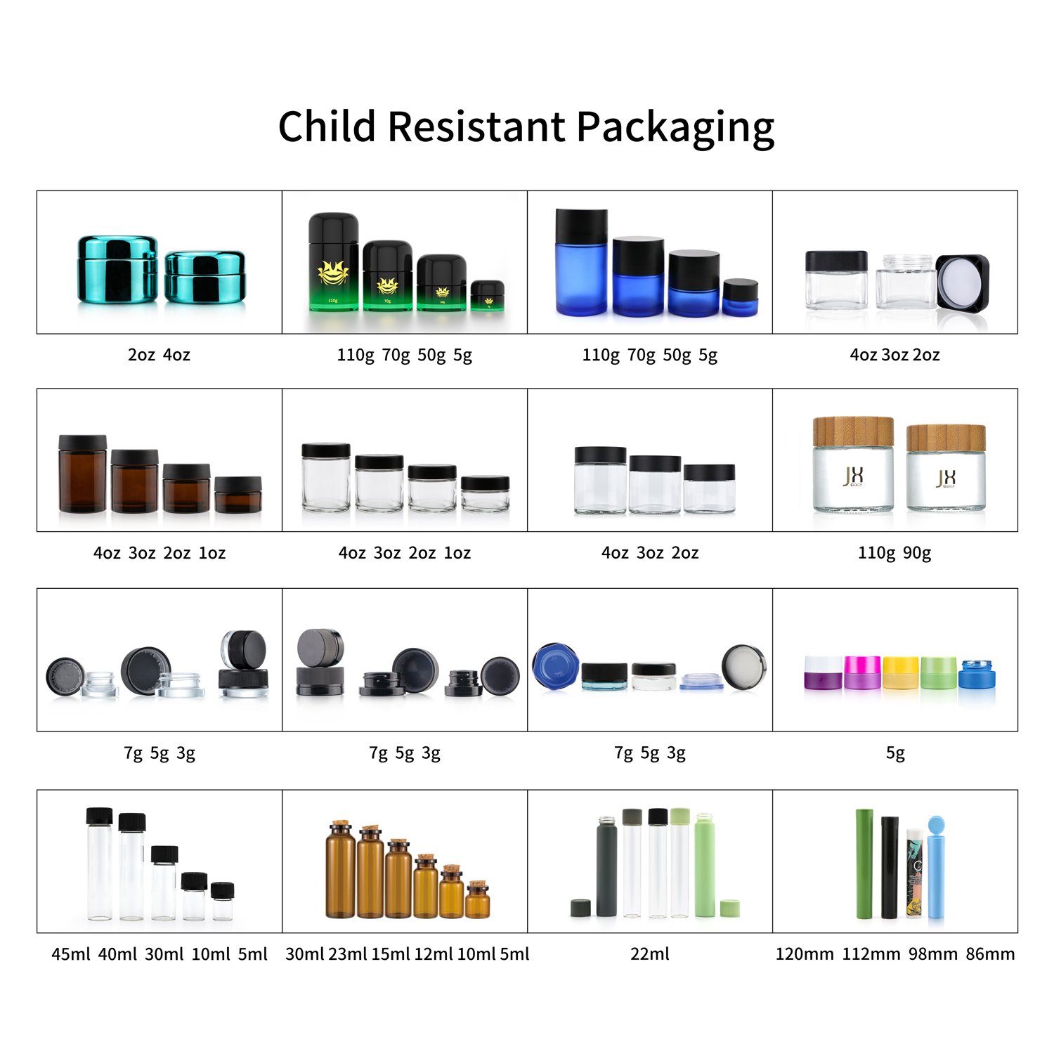 Custom color and label 5 pack pre airtight glass jar with child proof lid pre packaging botella de vidrio