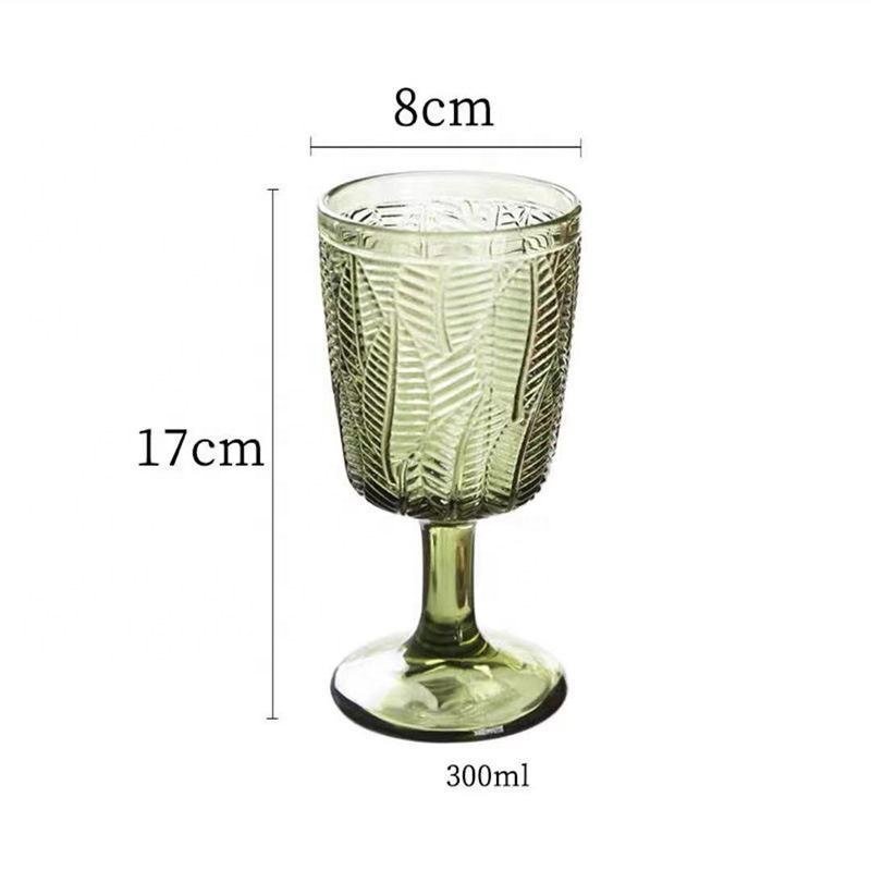 Bulk colorful embossed 300 ml sky blue green purple pink smoke grey amber transparent leaf design wine goblet glass