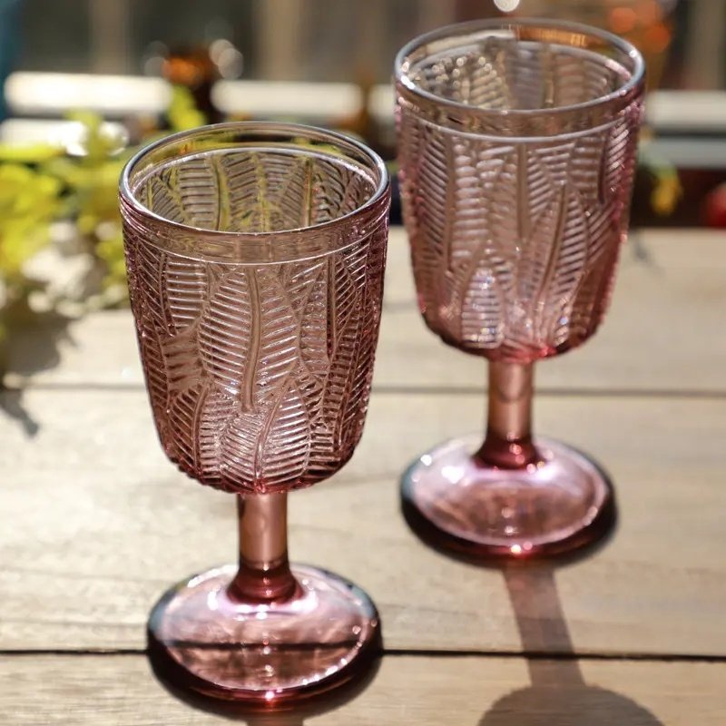 Bulk colorful embossed 300 ml sky blue green purple pink smoke grey amber transparent leaf design wine goblet glass