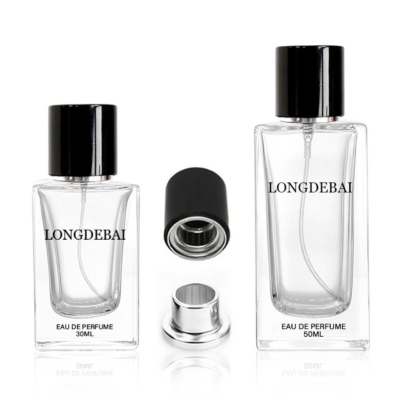 Hot luxury square perfume bottle crimp clear empty pump sprayer 30ml 50ml 100ml glass perfume bottle with magnetic cap