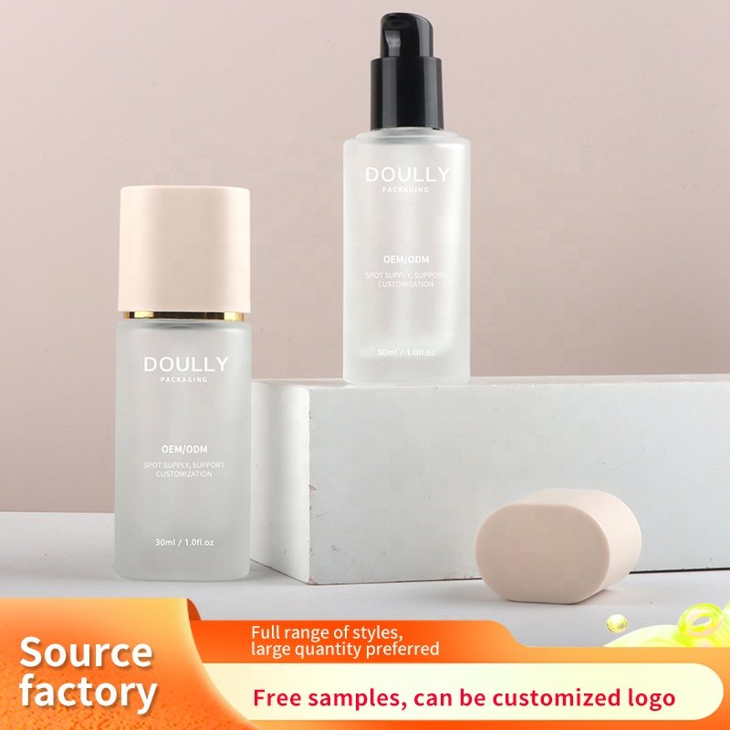 30ml Frosted Glass Bottle with Pink Lid and Flat Shape Pump Spray for Perfume Packaging Screen Printing Sealing