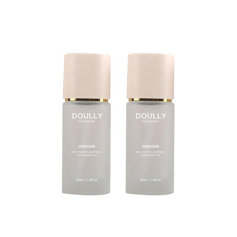 30ml Frosted Glass Bottle with Pink Lid and Flat Shape Pump Spray for Perfume Packaging Screen Printing Sealing