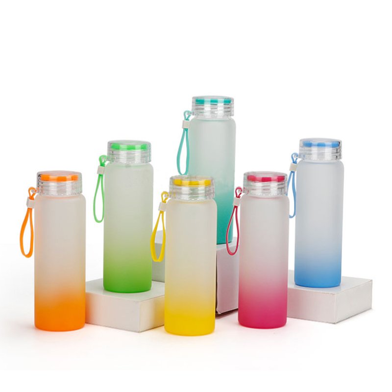 Glass Cup Customizable Heat Transfer Gradient Color Frosted Carafe Sublimation Water Bottle double wall coffee tea with lid