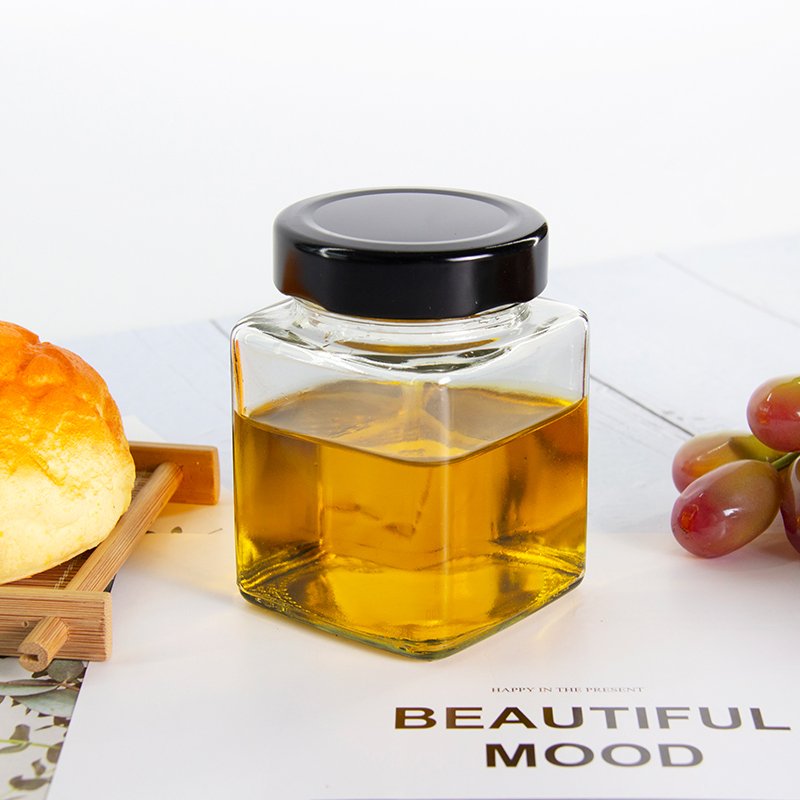 Empty 180ml 280ml Square Glass Honey Jar Pickle Jar Chili Sauce Glass Bottle for Jam Jelly With Metal Lid