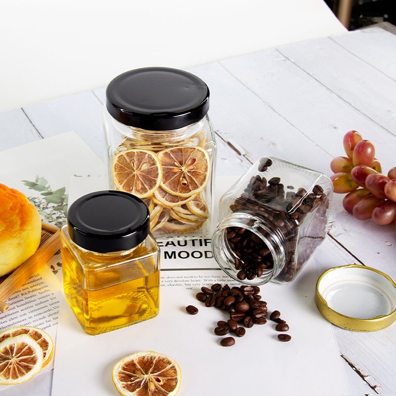 Empty 180ml 280ml Square Glass Honey Jar Pickle Jar Chili Sauce Glass Bottle for Jam Jelly With Metal Lid