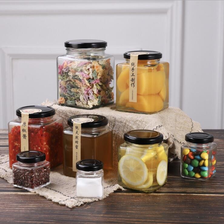 Empty 180ml 280ml Square Glass Honey Jar Pickle Jar Chili Sauce Glass Bottle for Jam Jelly With Metal Lid