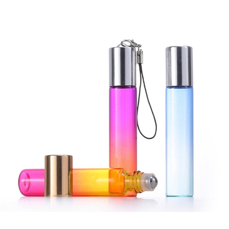 5ml 10ml Perfume Oil Roll On Glass Bottle With Roller Steel Ball Colorful Rainbow Slim Roll on Bottle and Cap with rope