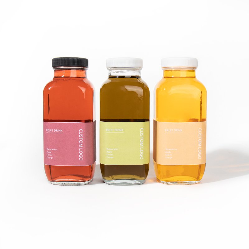 16oz Empty french square Beverage Cold Pressed Juice Drinking Glass Bottles With Plastic Screw Lid