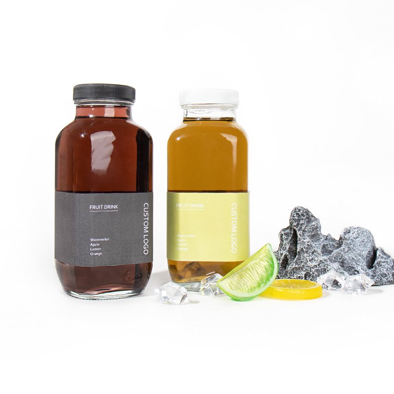 16oz Empty french square Beverage Cold Pressed Juice Drinking Glass Bottles With Plastic Screw Lid