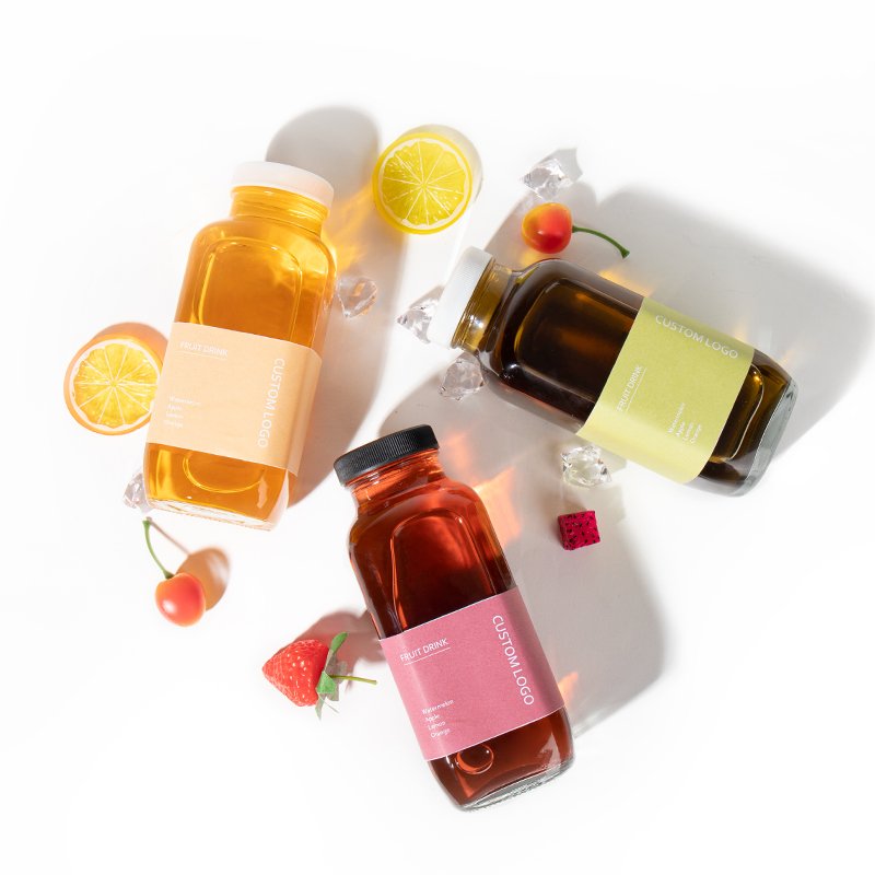 16oz Empty french square Beverage Cold Pressed Juice Drinking Glass Bottles With Plastic Screw Lid