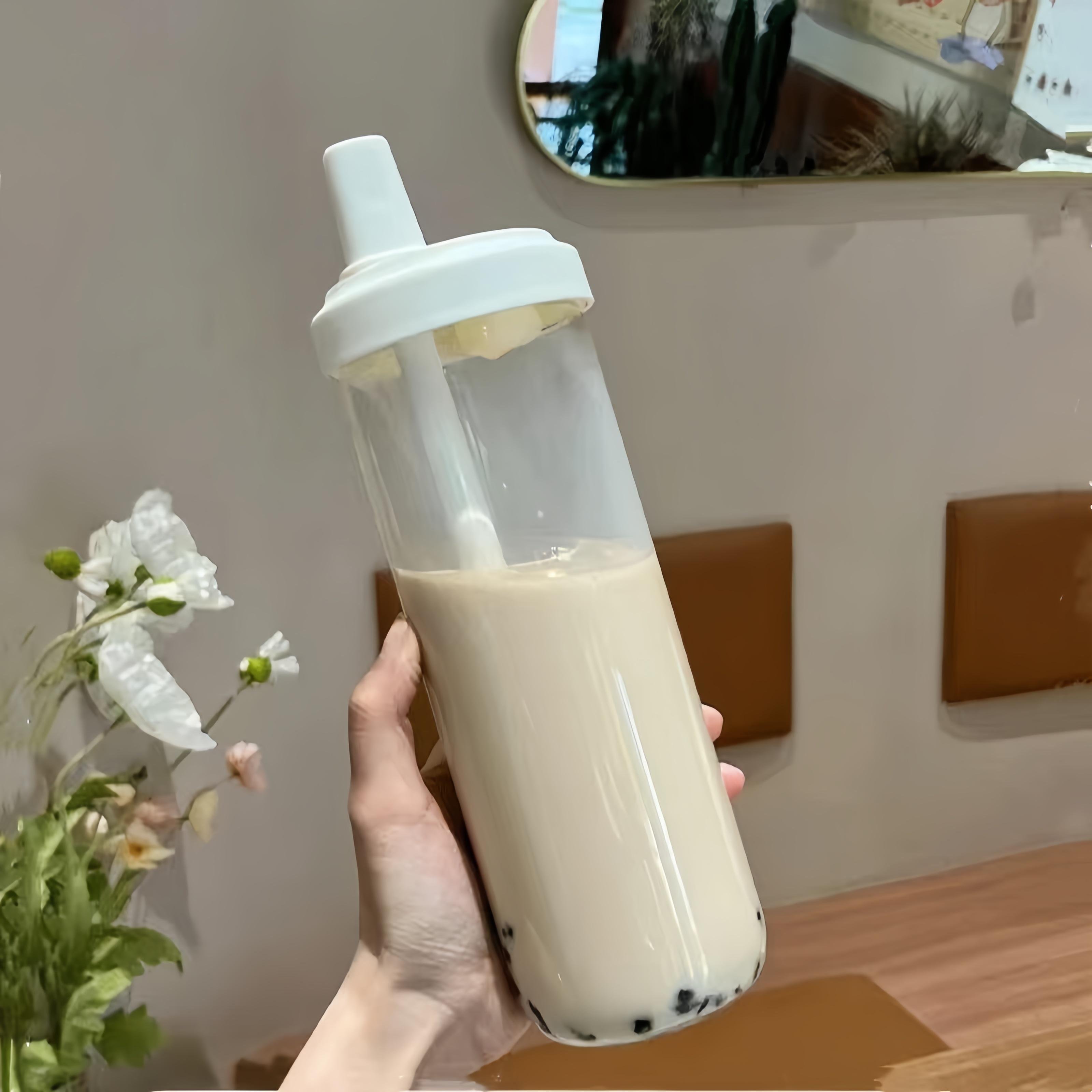 New customizable large capacity milk tea straw glass cup cute glass water bottle glass straw bottle
