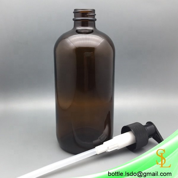 Large empty 16oz 500ml amber boston round glass bottle with black pump lotion/soap dispenser for hand wash bathroom set