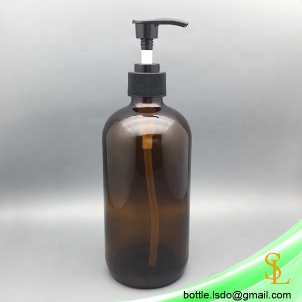 Large empty 16oz 500ml amber boston round glass bottle with black pump lotion/soap dispenser for hand wash bathroom set