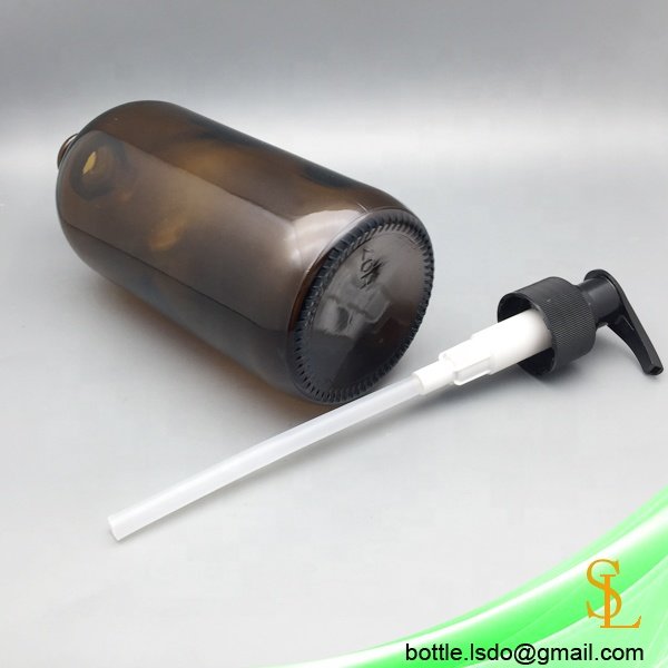 Large empty 16oz 500ml amber boston round glass bottle with black pump lotion/soap dispenser for hand wash bathroom set