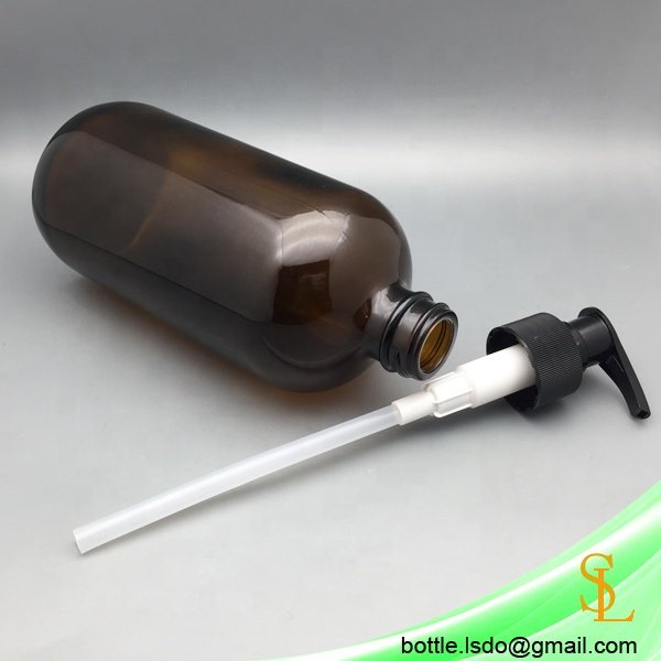 Large empty 16oz 500ml amber boston round glass bottle with black pump lotion/soap dispenser for hand wash bathroom set
