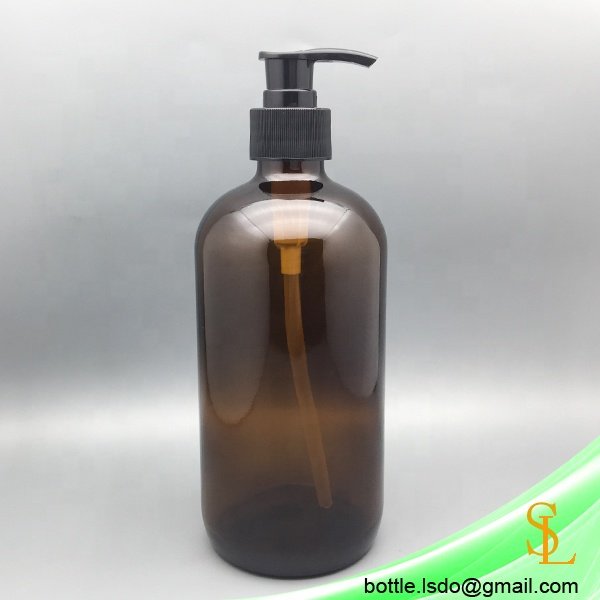 Large empty 16oz 500ml amber boston round glass bottle with black pump lotion/soap dispenser for hand wash bathroom set
