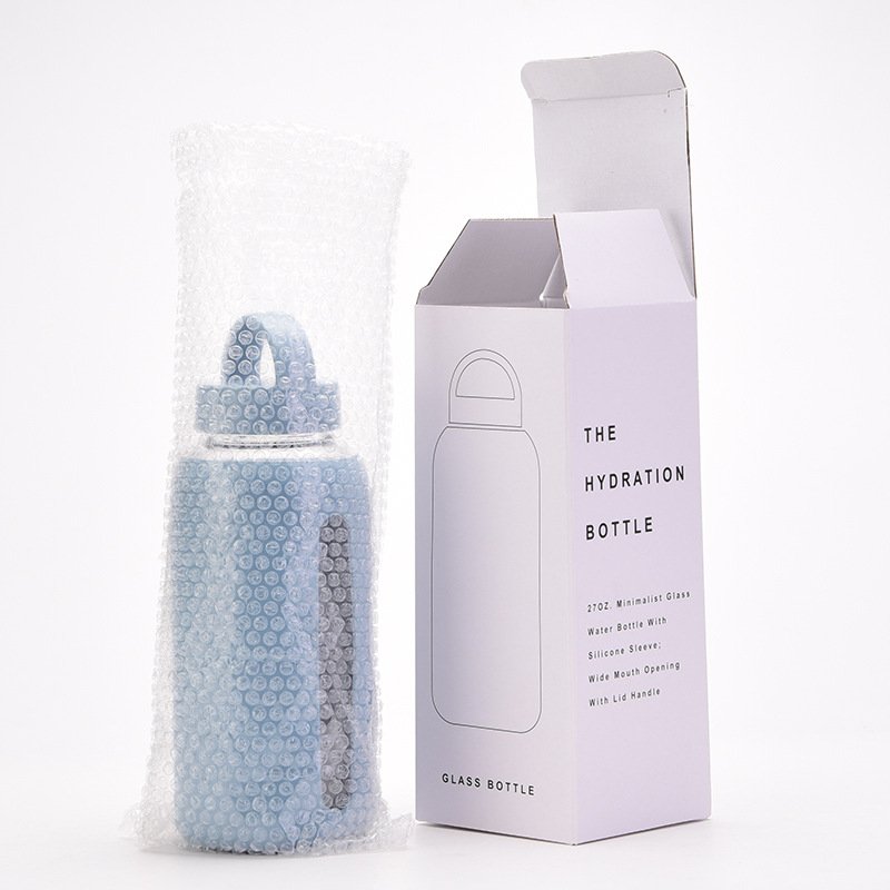 Borosilicate Water Glass Water Bottle with Silicone Sleeve Time Marker and PP bouteille d'eau 27oz Minimalist Unisex Camp
