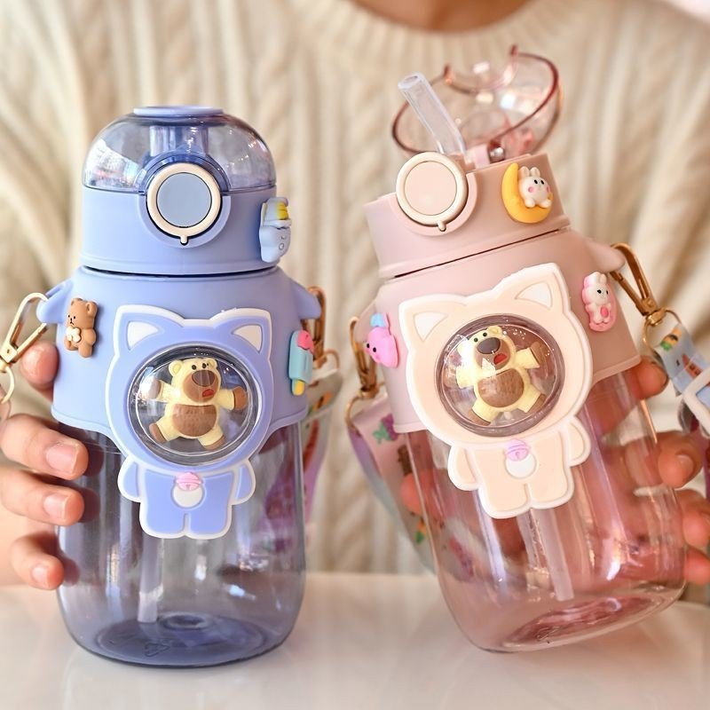 Cute 680ml Summer Portable Kids Reusable Travel Drinking Cup Plastic Water Bottles with Straw