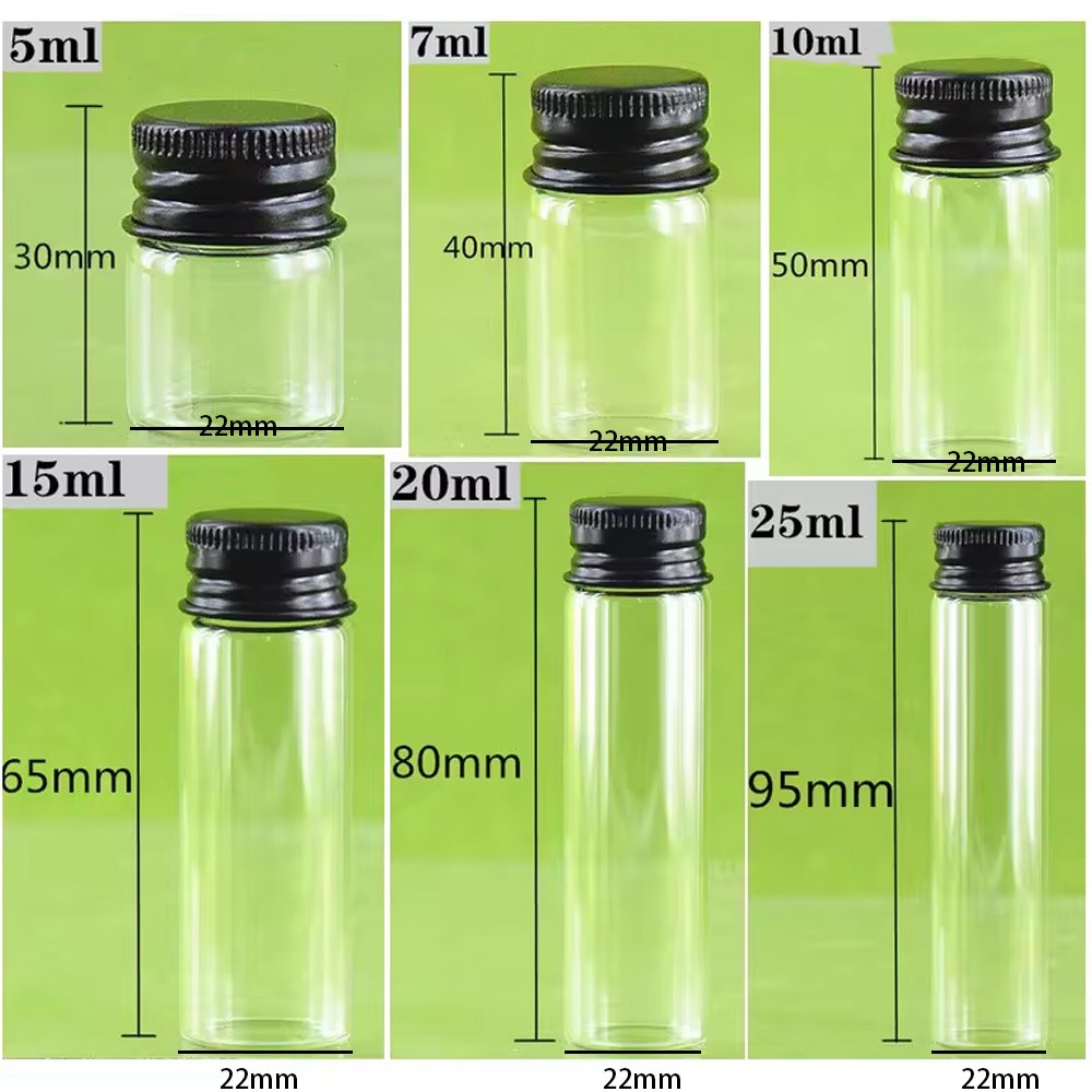 5ml 7ml 10ml 15ml 20ml 25ml Clear glass bottle with black aluminum screw cap Refillable Storage Tube Screw top