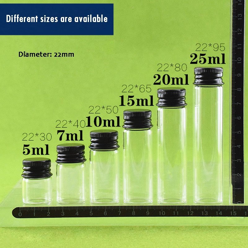 5ml 7ml 10ml 15ml 20ml 25ml Clear glass bottle with black aluminum screw cap Refillable Storage Tube Screw top