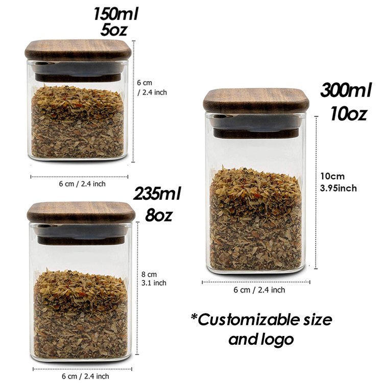 New Luxury Design 150ml 200ml 300ml 5oz 8oz 10oz Mini Small Custom Logo Square Acacia Wooden Lid Kitchen Glass Spice Jars