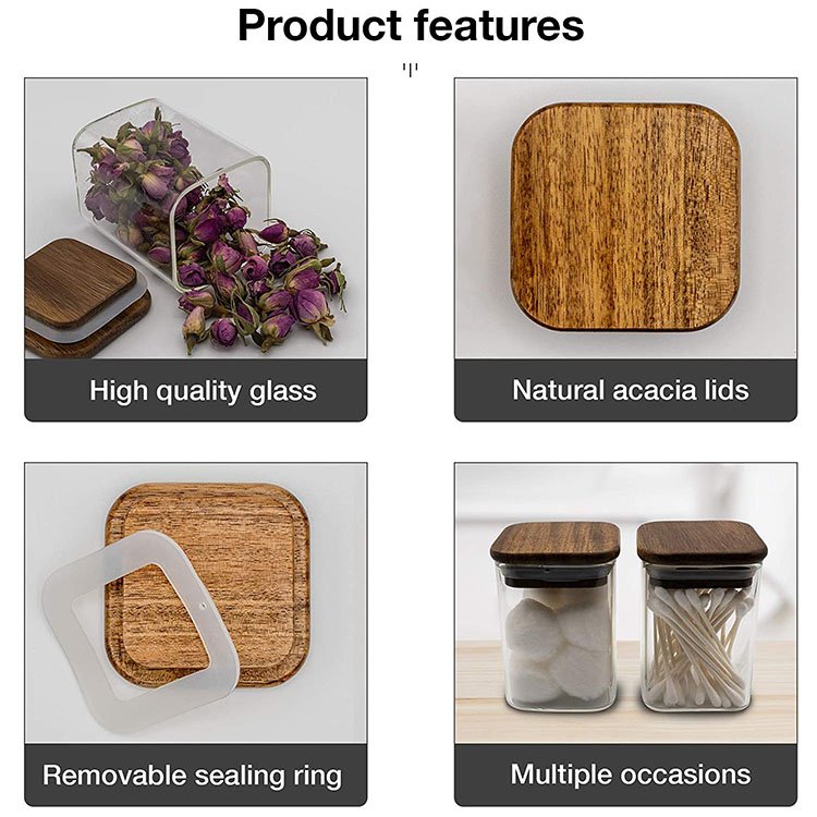 New Luxury Design 150ml 200ml 300ml 5oz 8oz 10oz Mini Small Custom Logo Square Acacia Wooden Lid Kitchen Glass Spice Jars