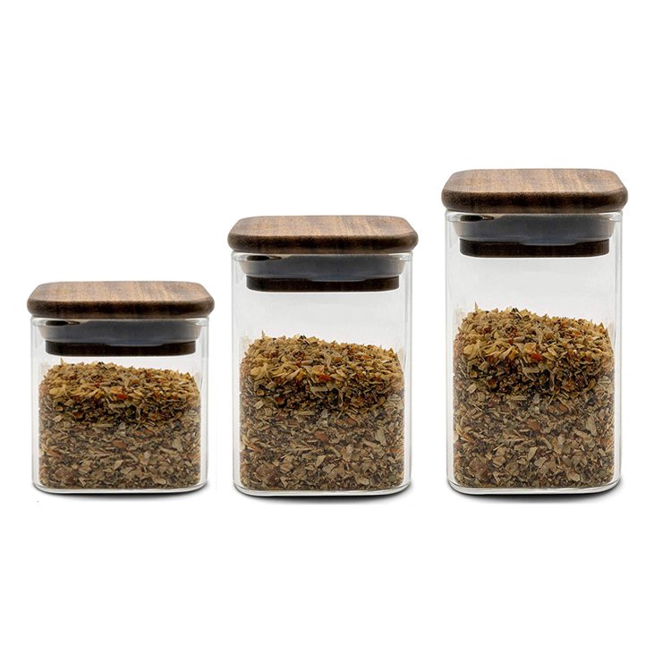 New Luxury Design 150ml 200ml 300ml 5oz 8oz 10oz Mini Small Custom Logo Square Acacia Wooden Lid Kitchen Glass Spice Jars
