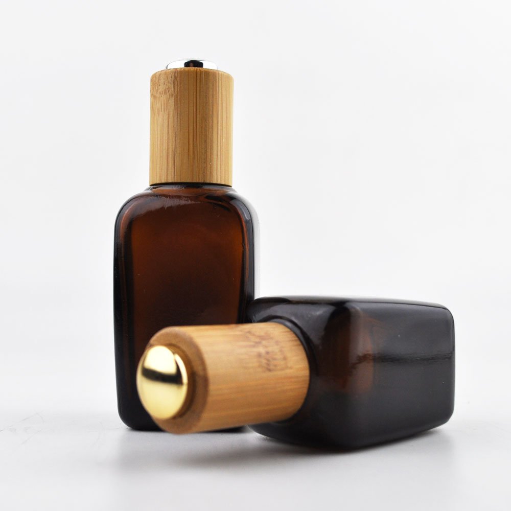 10~50ml Square Dark Amber Glass Dropper Bottles With Glass Dropper Natural Wooden Tincture Bottles With Eye Droppers