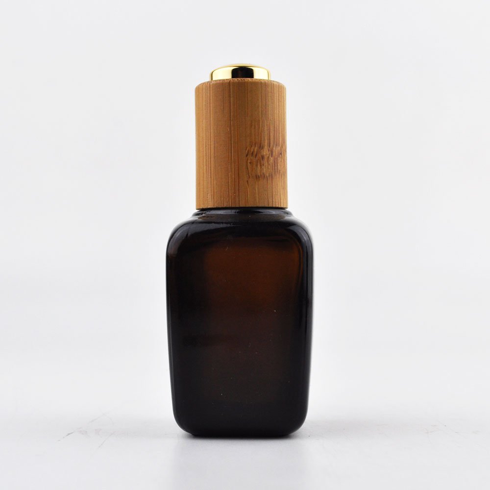 10~50ml Square Dark Amber Glass Dropper Bottles With Glass Dropper Natural Wooden Tincture Bottles With Eye Droppers