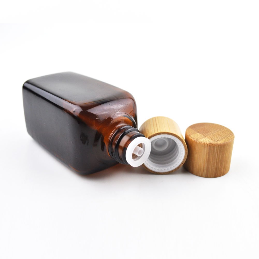 10~50ml Square Dark Amber Glass Dropper Bottles With Glass Dropper Natural Wooden Tincture Bottles With Eye Droppers