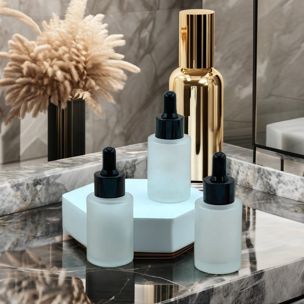 custom made 30 ml glass bottle luxuriant frosted painting flat shoulder cosmetic packaging glass dropper essential oil bottle