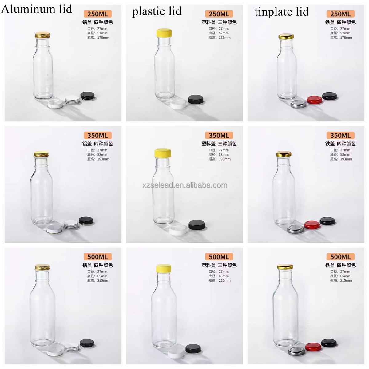 12 oz Ring Neck Chili Hot Sauce Glass Cold Brew Kombucha Juice Beverage Bottles with Black Plastic Lid 500ml 8 ounce